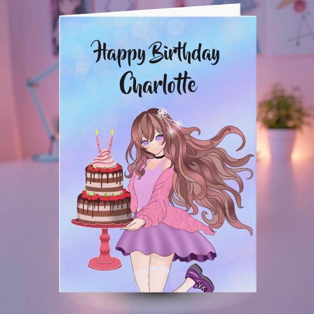 Personalize Anime Teenager Girl With Birthday Cake Kort (Skapare uppladdad)