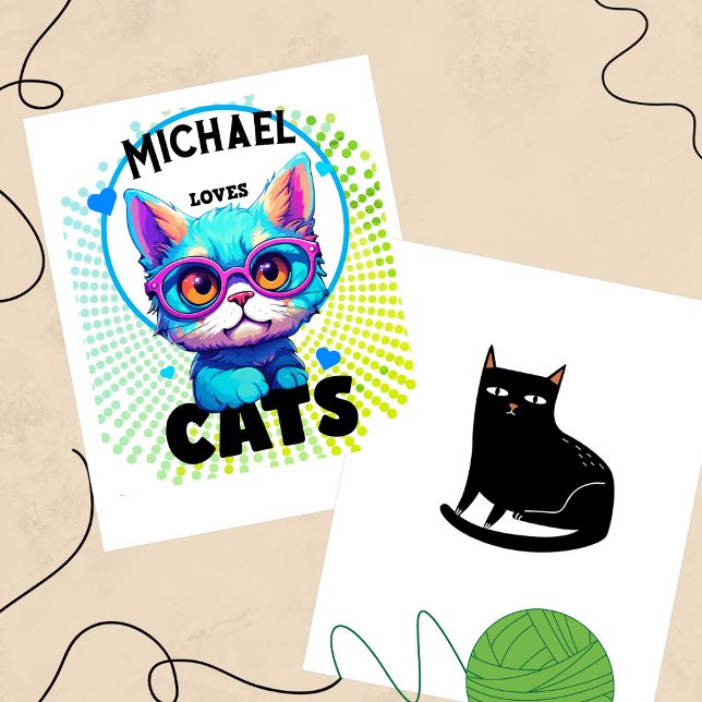 Personalize Boy Kärlek Cats Doted Poster (Gradient Spots Encircle the Feisty Spectacled Feline - Any Name to Customize)