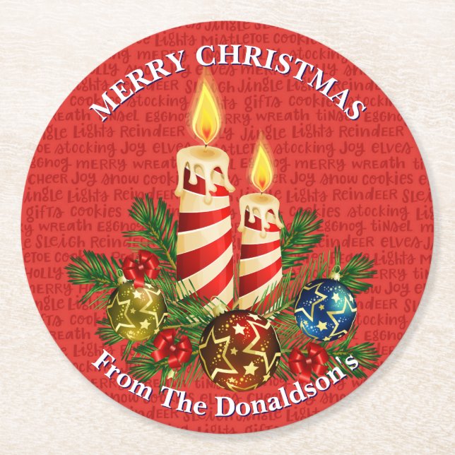 Personalize Christmas Candles Family Name 6 Underlägg Papper Rund (Framsidan)