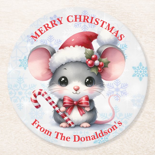Personalize Christmas Mouse with Family Name Underlägg Papper Rund (Framsidan)