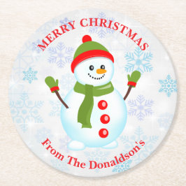 Personalize Christmas Snowman with Family Name Underlägg Papper Rund