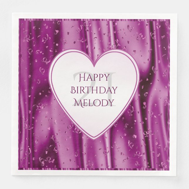 Personalize - Faux Orchid Satin Birthday Heart Pappersservett (Framsida)