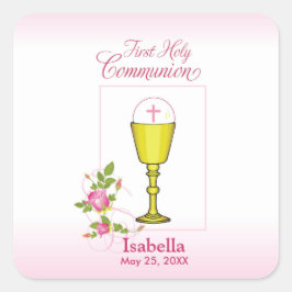 Personalize Girl Namn Rosa First Heliga Communion Fyrkantigt Klistermärke