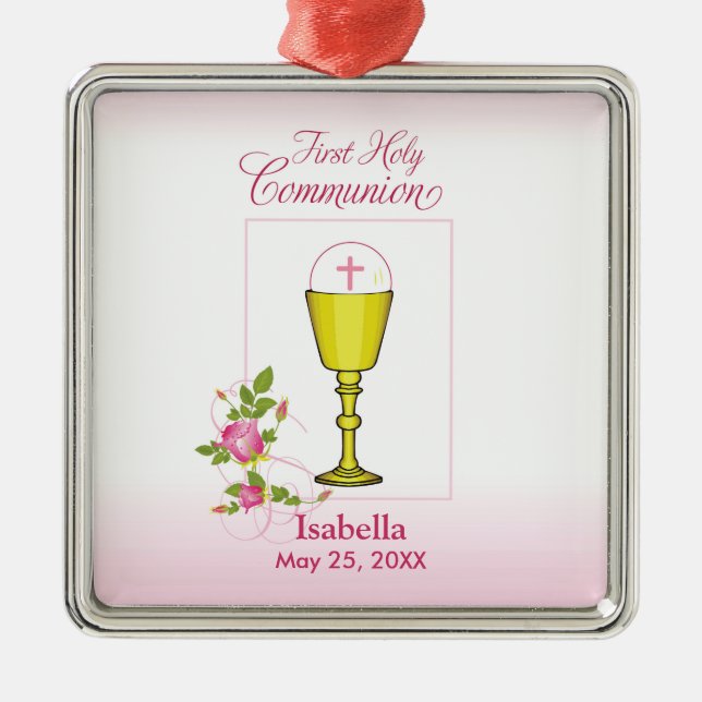 Personalize Girl Namn Rosa First Heliga Communion Julgransprydnad Metall (Framsidan)