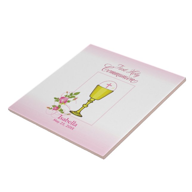 Personalize Girl Namn Rosa First Heliga Communion Kakelplatta (Sidan)