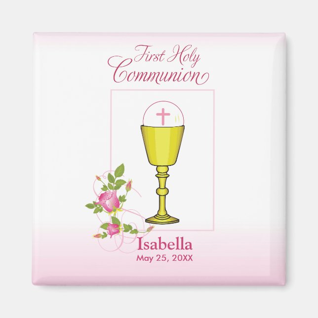 Personalize Girl Namn Rosa First Heliga Communion Magnet (Framsidan)
