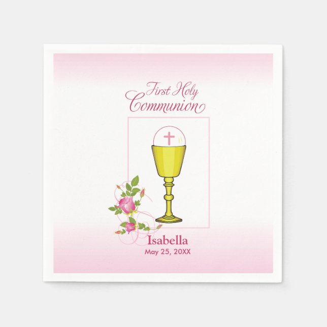 Personalize Girl Namn Rosa First Heliga Communion Pappersservett (Framsidan)