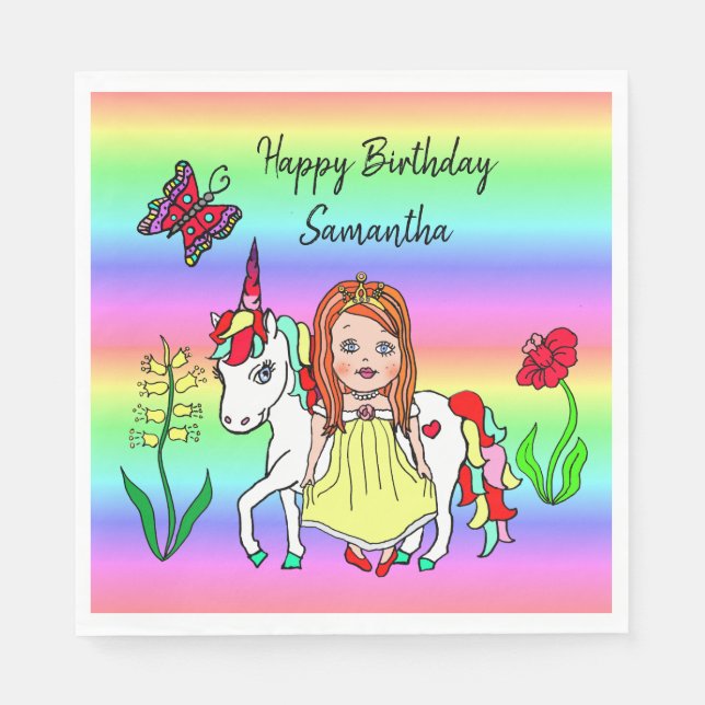 Personalize Princess och Unicorn Rainbow Birthday Pappersservett (Framsidan)