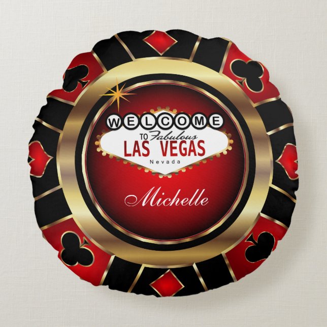 Personalize Red , Black and Guld Poker Chip Rund Kudde (Framsidan)