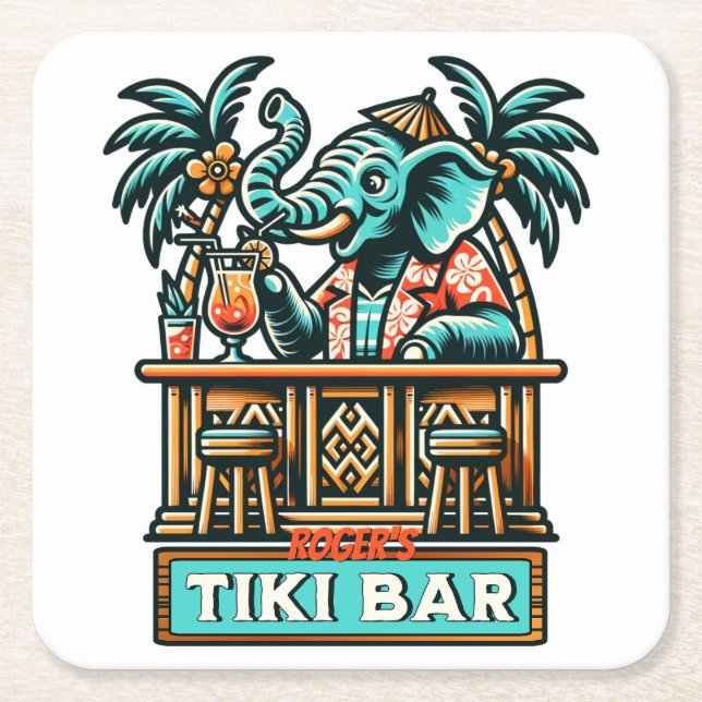 Personalize Retro Elephant Tiki Pub Underlägg Papper Kvadrat (Framsidan)