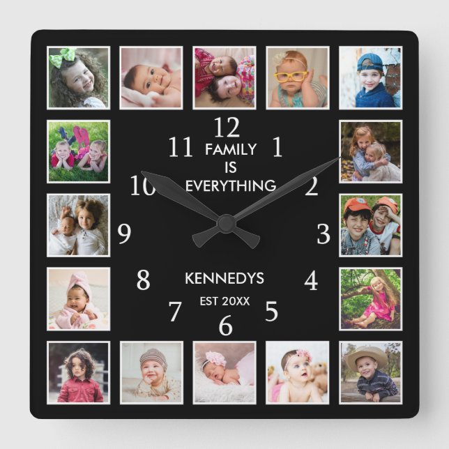 Personalized 16 Photo Collage Family Quote Black Fyrkantig Klocka (Framsida)