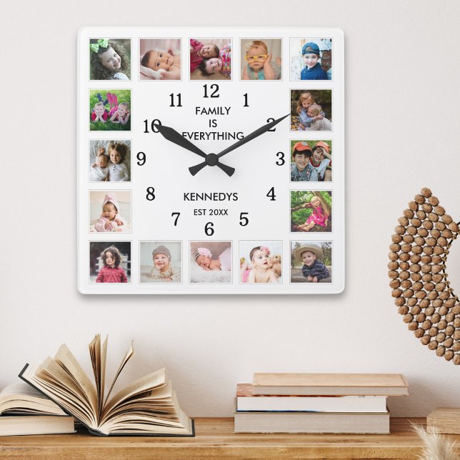 Personalized 16 Photo Collage Family Quote White Fyrkantig Klocka (Skapare uppladdad)