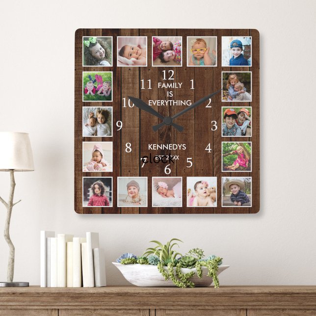 Personalized 16 Photo Collage Quote Dark Wood Fyrkantig Klocka (Skapare uppladdad)