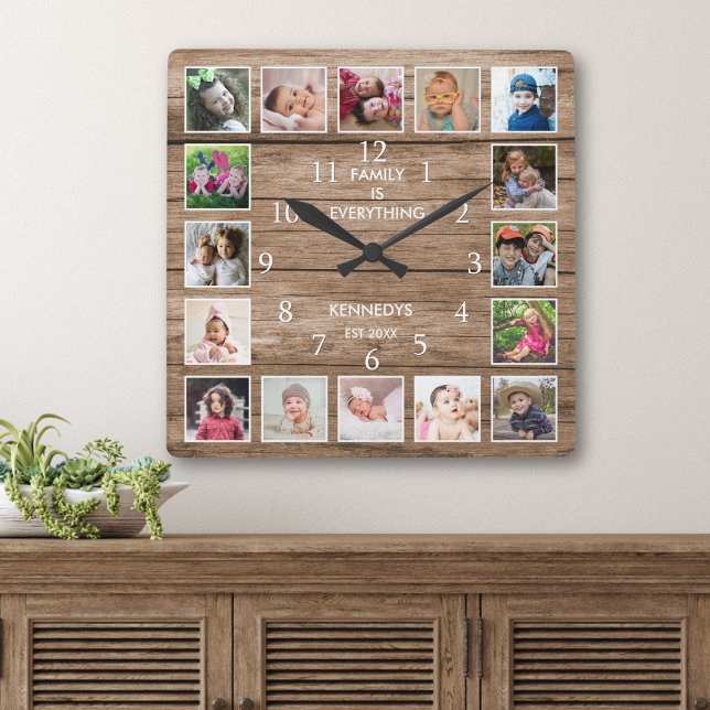 Personalized 16 Photo Collage Quote Rustic Wood Fyrkantig Klocka (Skapare uppladdad)