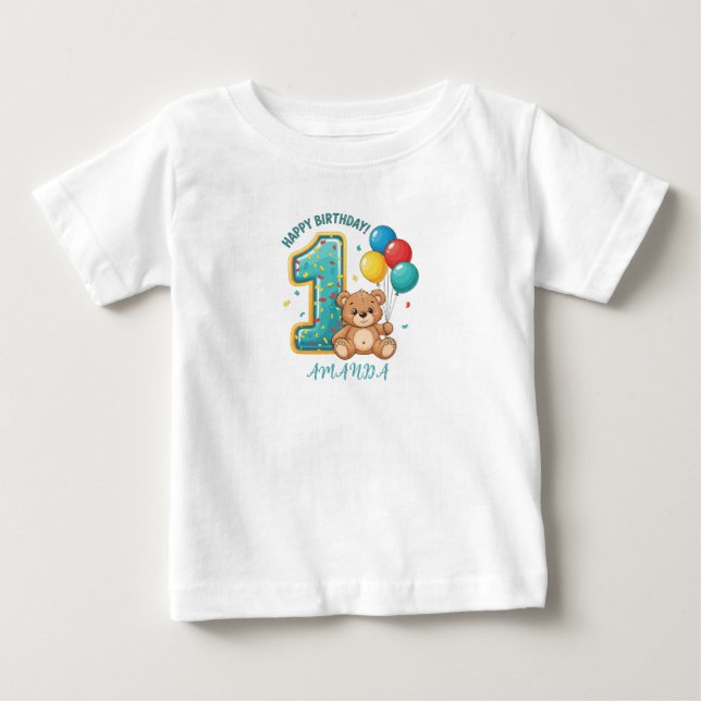 Personalized 1st Birthday Bear Baby T-Shirt (Framsida)