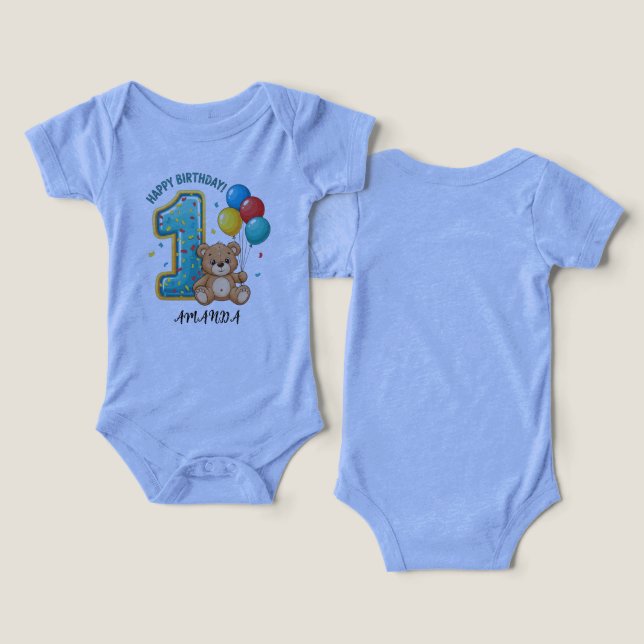 Personalized 1st Birthday Bear Bodysuit T Shirt (Design fram och bak)