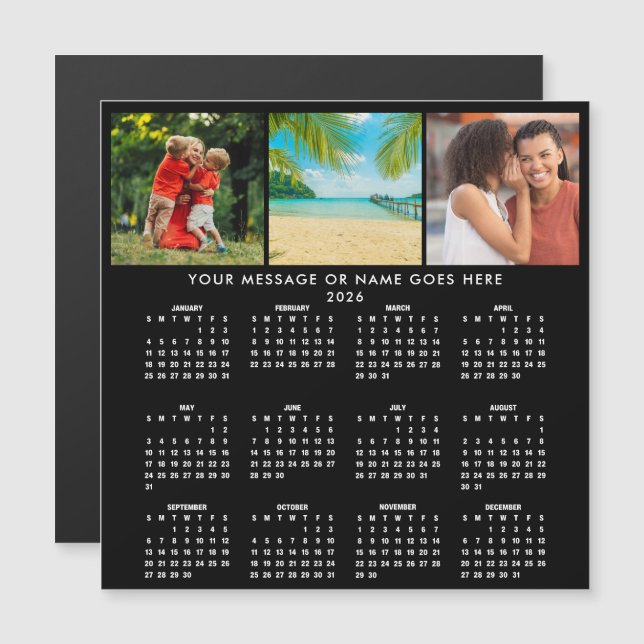 Personalized 2026 Calendar 3 Photo Collage Magnet (Fram/baksida)