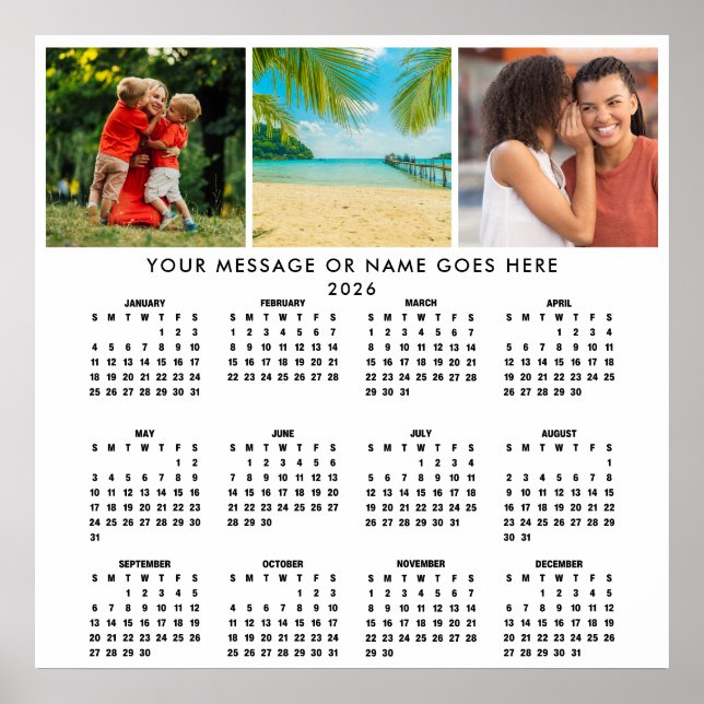 Personalized 2026 Calendar 3 Photo Collage Poster (Framsidan)