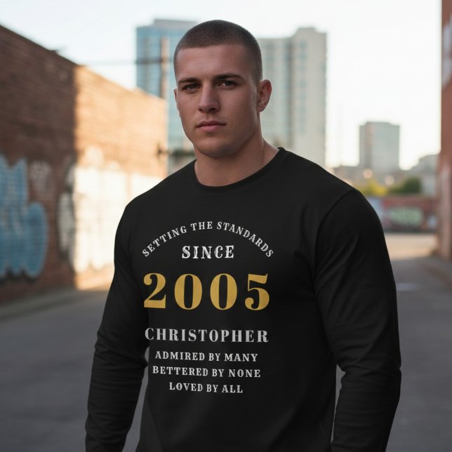 Personalized 21st Birthday 2005 Add Name T Shirt (Born 2005 Standards Birthday Long Sleeve T-shirt. Background out of focus.)