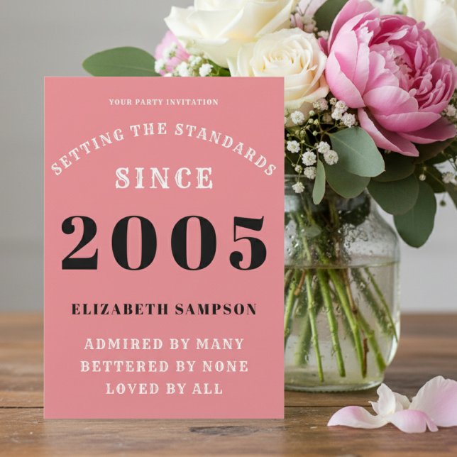 Personalized 21st Birthday 2005 Add Your Name Pink Inbjudningar (2005 birthday invitation on a table with flowers.)