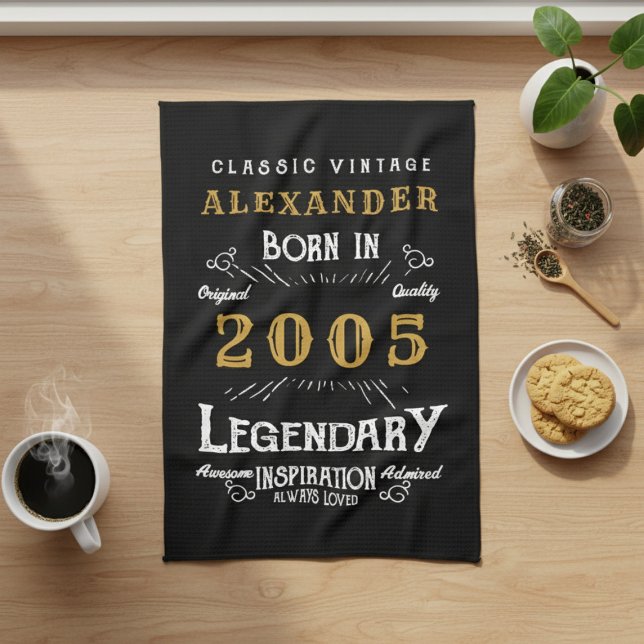 Personalized 21st Birthday 2005 Vintage Legend Kökshandduk (Born 2005 legend kitchen towel. Kitchen worktop background.)