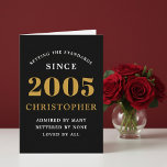 Personalized 21st Birthday Born 2005 Vintage Black Kort<br><div class="desc">A personalized classic birthday card for that birthday celebration for somebody born in 2005 and turning 21. Add the name to this chic style black, white and gold design for a custom birthday gift. Easily edit the name and year with the template provided. A wonderful custom black birthday gift. More...</div>