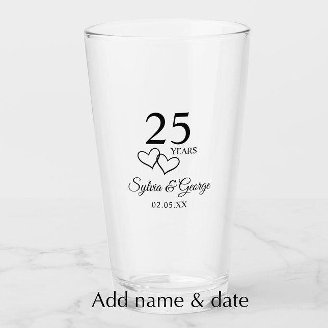 Personalized 25th Anniversary Gift Elegant Modern Glaskopp (Add couple’s names and anniversary date for a personalized keepsake 25th anniversary glass)