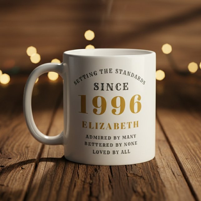 Personalized 30th Birthday 1996 Add Name Elegant Kaffemugg (Born 1996 birthday gift mug on a woof floor. Blurred background.)