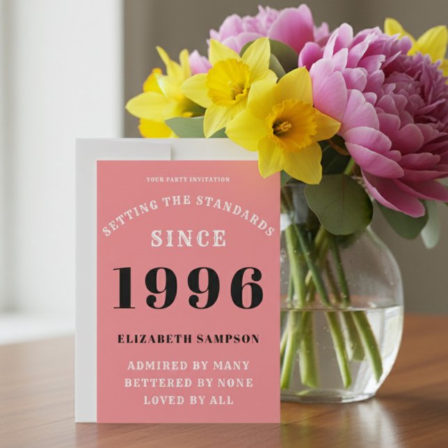 Personalized 30th Birthday 1996 Add Your Name Pink Inbjudningar (1996 pink birthday invitation on a table with flowers.)