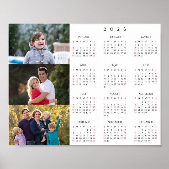 Personalized 3 Photo Collage Family 2026 Calendar Poster (Framsidan)