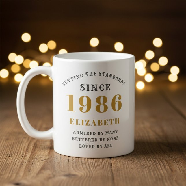 Personalized 40th Birthday 1986 Add Name Elegant Kaffemugg (Born 1986 birthday mug. Out of focus wood and lights background.)
