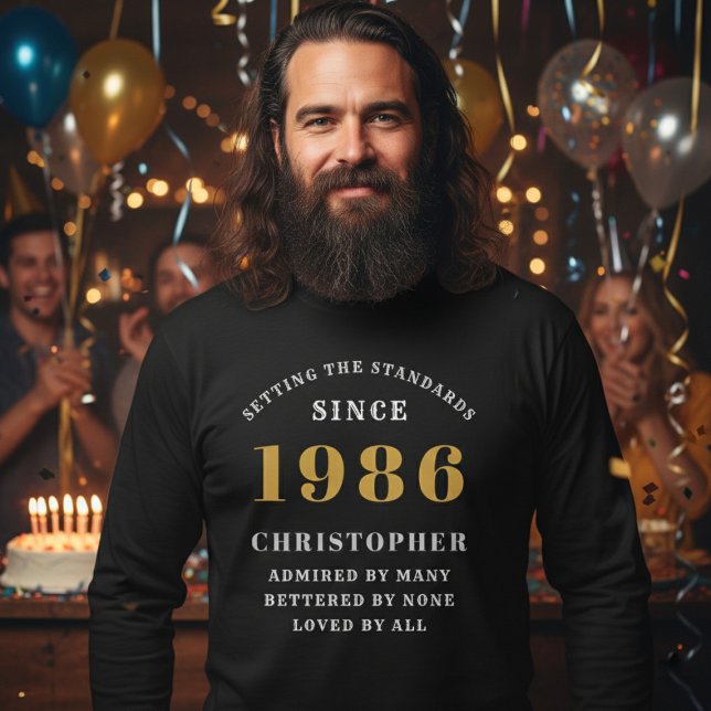 Personalized 40th Birthday 1986 Add Name T Shirt (Born 1986 long sleeve birthday t-shirt. Party background out of focus.)