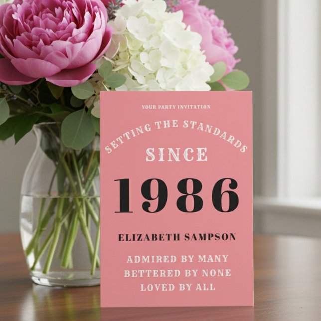 Personalized 40th Birthday 1986 Add Your Name Pink Inbjudningar (1986 pink birthday party invitation on a table with flowers)