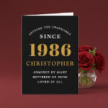 Personalized 40th Birthday Born 1986 Vintage Black Kort<br><div class="desc">A personalized classic 40th birthday card for that celebration for somebody born in 1986 and turning 40. Add the name to this chic style black, white and gold design for a custom birthday gift. Easily edit the name and year with the template provided. A wonderful custom black birthday gift. More...</div>