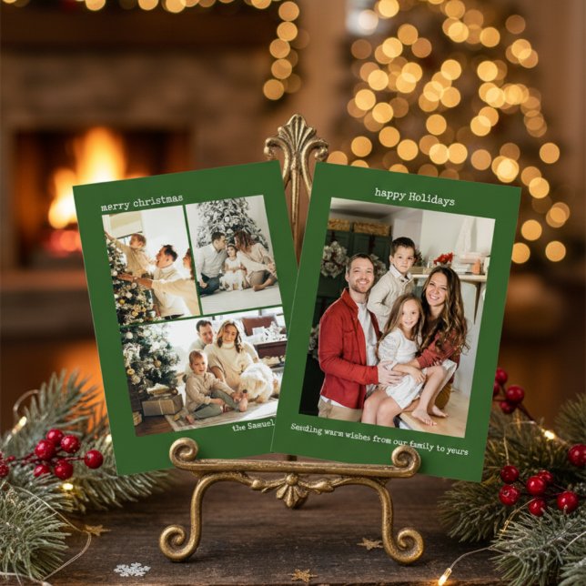 Personalized 4 Family Photo Collage Green Julkort (Skapare uppladdad)