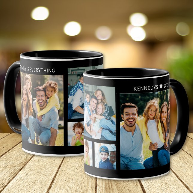 Personalized 5 Photo Collage Family Name Black Mugg (Skapare uppladdad)
