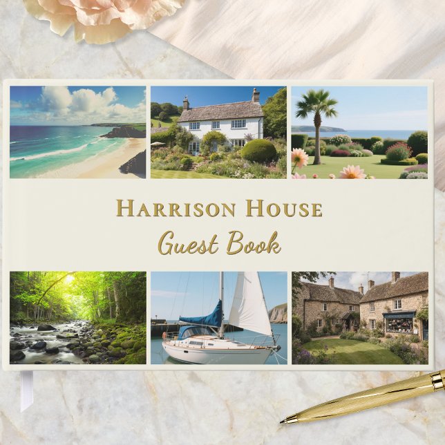 Personalized 6 Photo Home, Rental or Wedding Gästböcker (A guest book in elegant cream and faux gold, customizable with 6 photos, title, and text on the back)