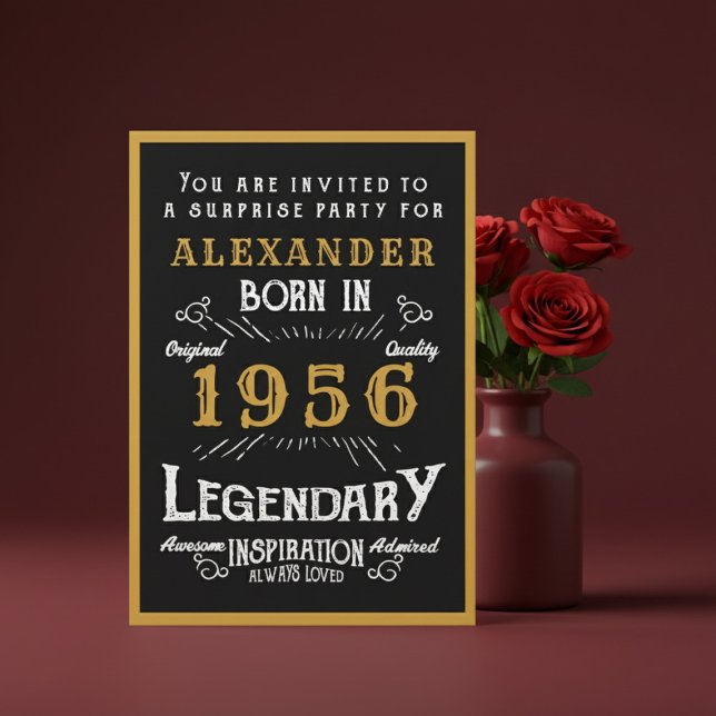Personalized 70th Birthday 1956 Black Gold Legend Inbjudningar (1956 birthday invitation. Red background.)