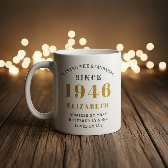 Personalized 80th Birthday 1946 Add Name Elegant Kaffemugg (Born 1946 birthday gift mug. Background out of focus.)