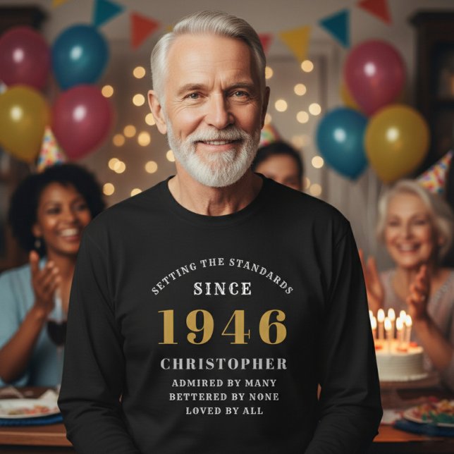 Personalized 80th Birthday 1946 Add Name T Shirt (Born 1946 long sleeve t-shirt. Party background.)