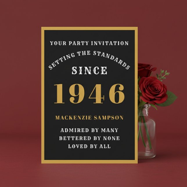 Personalized 80th Birthday 1946 Elegant Black Gold Inbjudningar (1946 birthday invitation. Red background.)