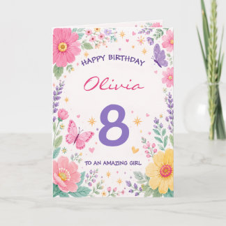 Personalized 8th Birthday Card for Girl | Floral Kort