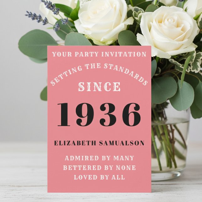 Personalized 90th Birthday 1936 Add Your Name Pink Inbjudningar (Born 1936 Pink Party invite on a table with flowers. )