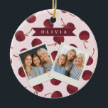 Personalized Aesthetic Cherry Pattern Name Gift Julgransprydnad Keramik<br><div class="desc">This collection of adorable cherry patterns is one of those small, everyday pleasures that just make people smile. This design is whimsical, cozy, and effortlessly fashionable with its soft pink backdrop, strewn cherries, and personalized name accents. It's the kind of pattern that makes a desk, a purse, or a comfortable...</div>