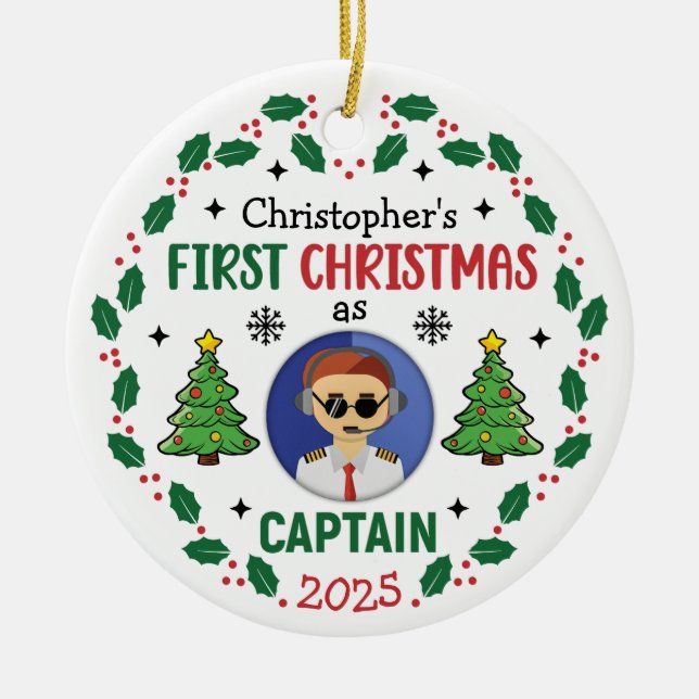 Personalized Airline Captain Custom Name Christmas Julgransprydnad Keramik (Framsidan)