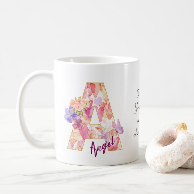 Personalized Angel Initial A with Heart Pattern Kaffemugg (Med munk)