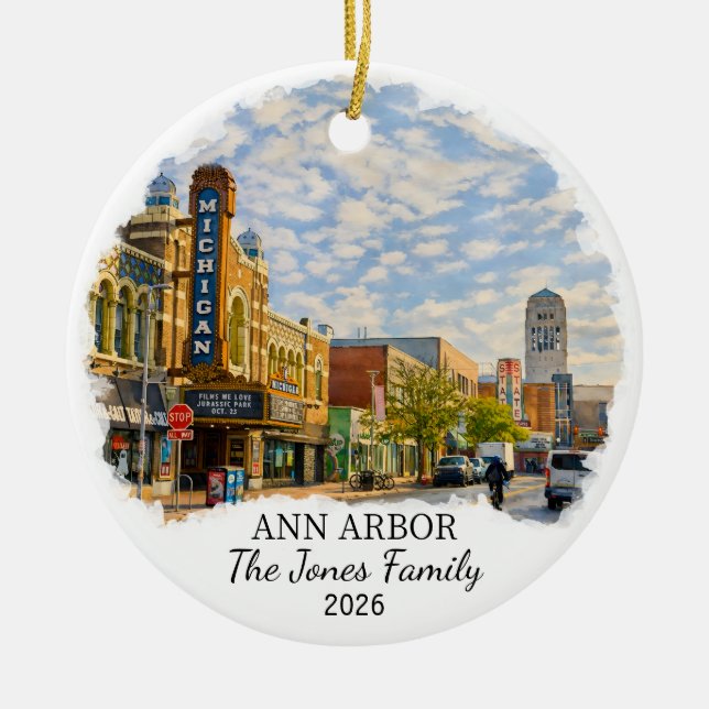 Personalized Ann Arbor Ornament, Custom Michigan Julgransprydnad Keramik (Framsidan)