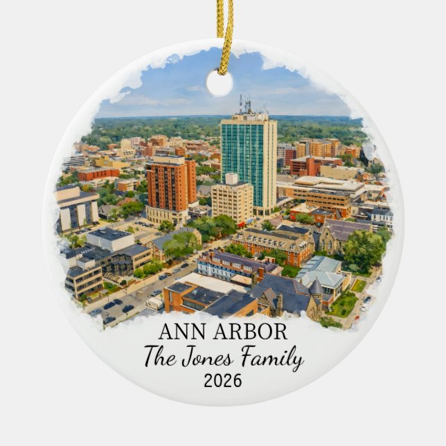 Personalized Ann Arbor Ornament, Custom Michigan Julgransprydnad Keramik (Framsidan)