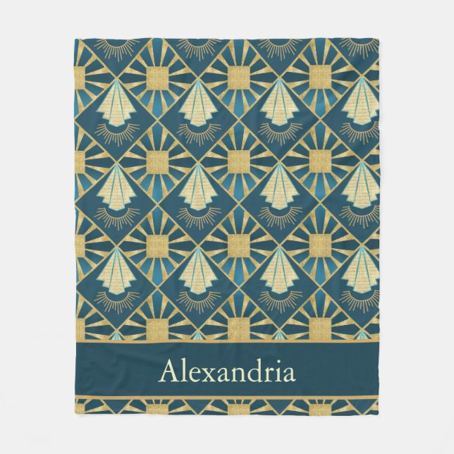 Personalized Art Deco Teal & Gold Geometric Name  Fleecefilt (Framsidan)