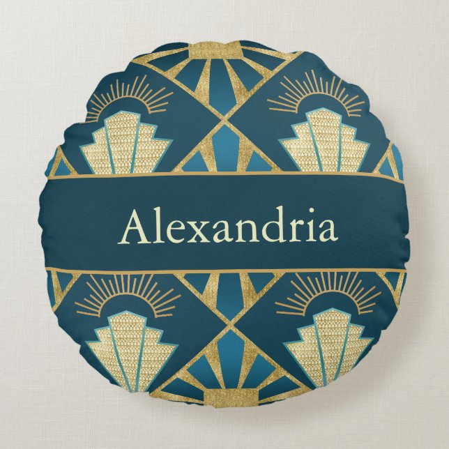 Personalized Art Deco Teal & Gold Geometric Name  Rund Kudde (Framsidan)